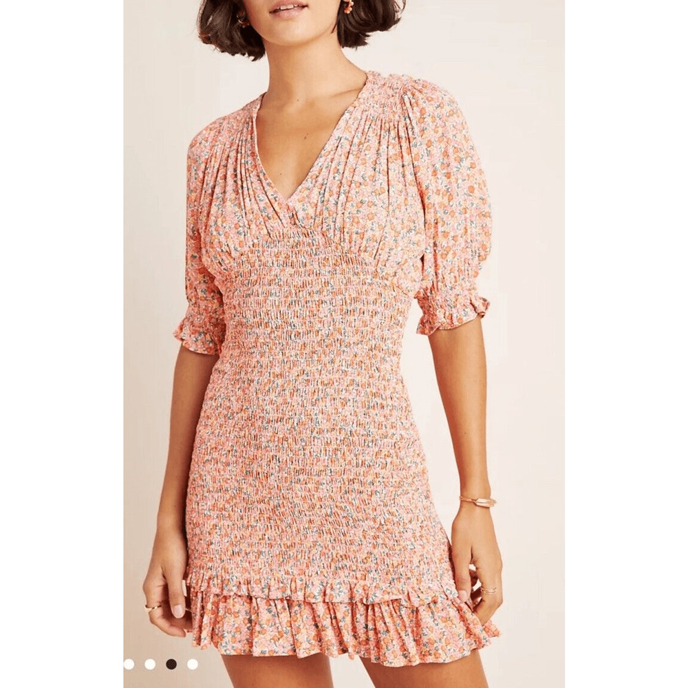 Faithfull The Brand‎ Margherita Mini Dress orange floral rouched womans size 2